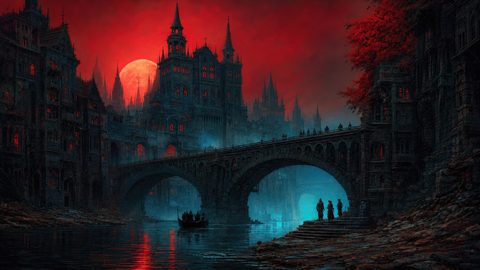 GRID THUMBNAIL — Gothic city with towering spires beneath a blood-red moon, stone bridge over a misty river, glowing windows, small figures on steps and a boat.