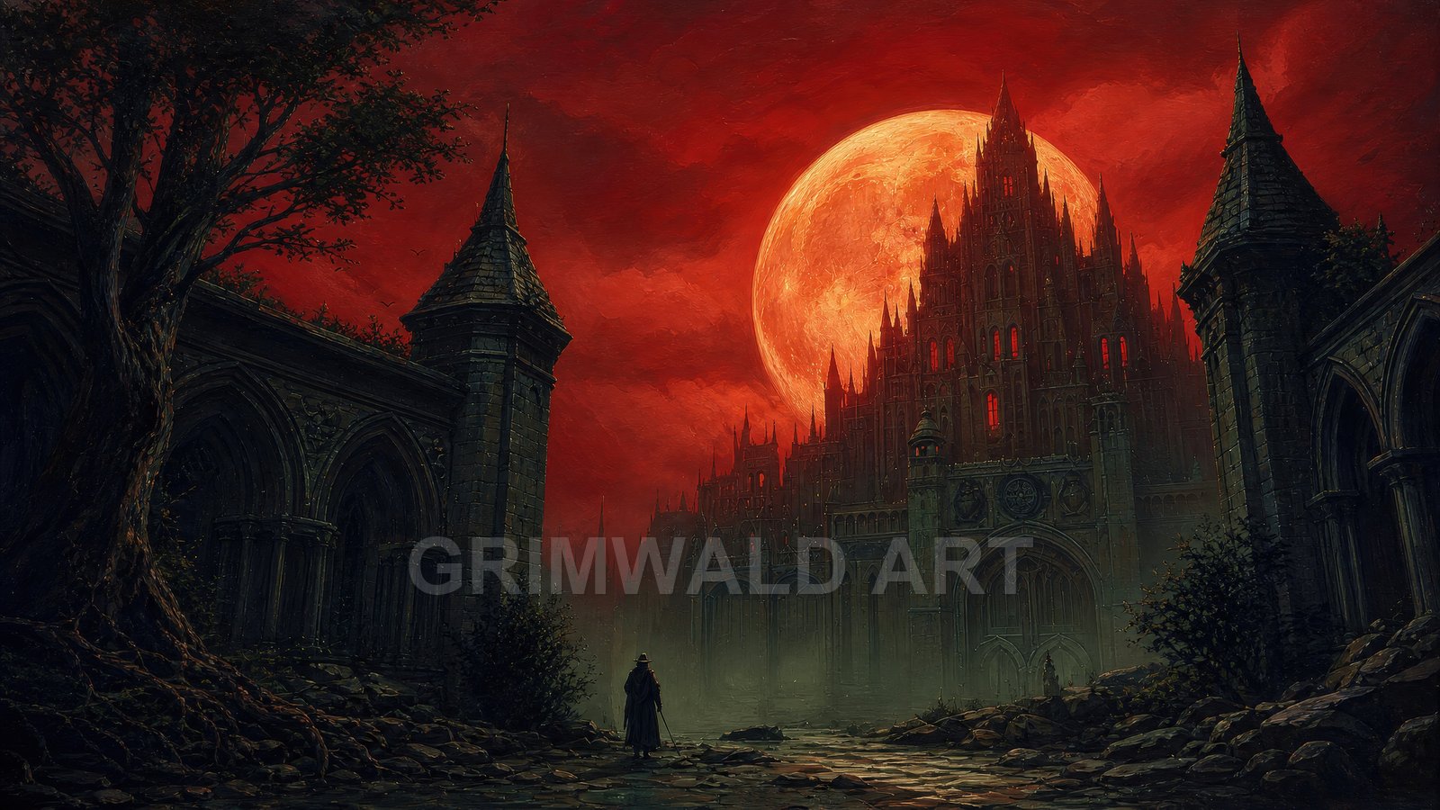 A lone cloaked figure approaches a towering gothic cathedral beneath a colossal blood-red moon, amid dark arches, mist, and wet cobblestones.