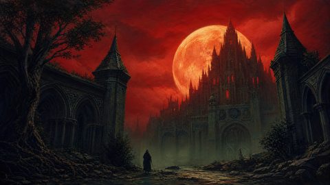 GRID THUMBNAIL — A lone cloaked figure approaches a towering gothic cathedral beneath a colossal blood-red moon, amid dark arches, mist, and wet cobblestones.