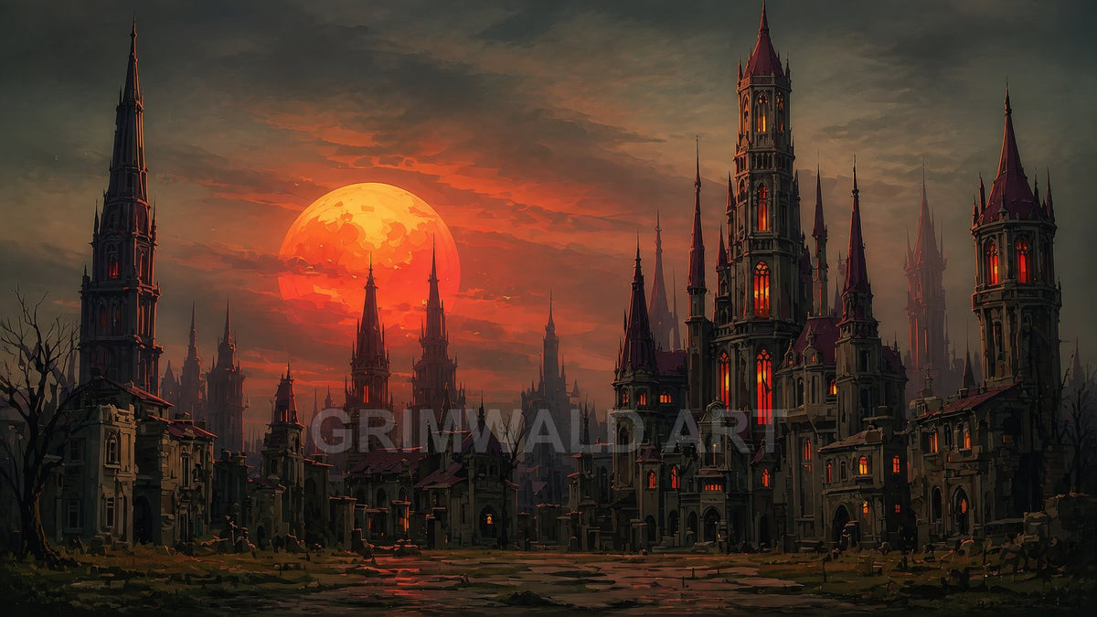 Gothic cathedral city of towering spires under a massive blood moon, windows glowing red amid ruins and bare trees at twilight.