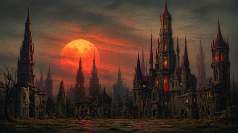 GRID THUMBNAIL — Gothic cathedral city of towering spires under a massive blood moon, windows glowing red amid ruins and bare trees at twilight.
