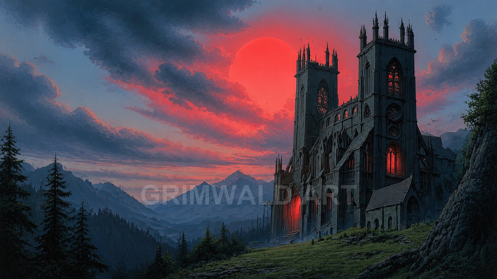 A towering gothic cathedral with red-glowing windows stands by pine trees under a huge blood-red moon, mountains and dramatic clouds at sunset.