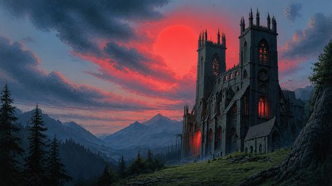 GRID THUMBNAIL — A towering gothic cathedral with red-glowing windows stands by pine trees under a huge blood-red moon, mountains and dramatic clouds at sunset.