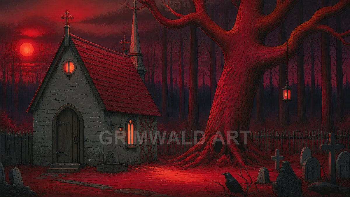 A small stone chapel with a red roof glows beside a gnarled red tree and gravestones under a blood-red moon in a dark forest.