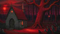 GRID THUMBNAIL — A small stone chapel with a red roof glows beside a gnarled red tree and gravestones under a blood-red moon in a dark forest.