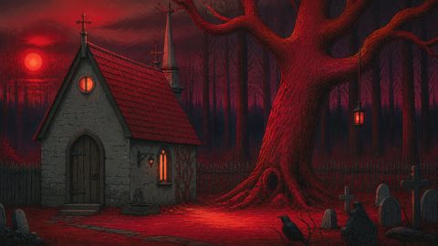 GRID THUMBNAIL — A small stone chapel with a red roof glows beside a gnarled red tree and gravestones under a blood-red moon in a dark forest.