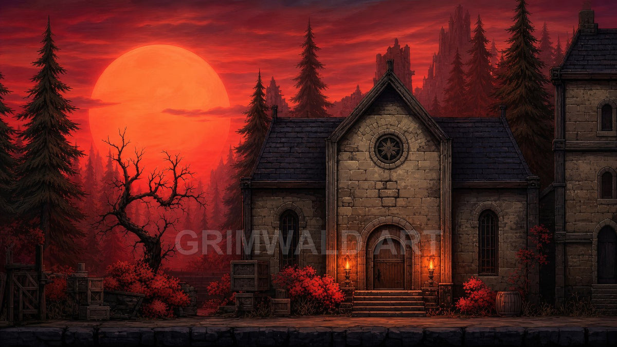 Stone chapel with glowing lanterns beneath a huge red moon, surrounded by dark pines, a twisted tree, crates and crimson shrubs.