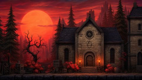 GRID THUMBNAIL — Stone chapel with glowing lanterns beneath a huge red moon, surrounded by dark pines, a twisted tree, crates and crimson shrubs.