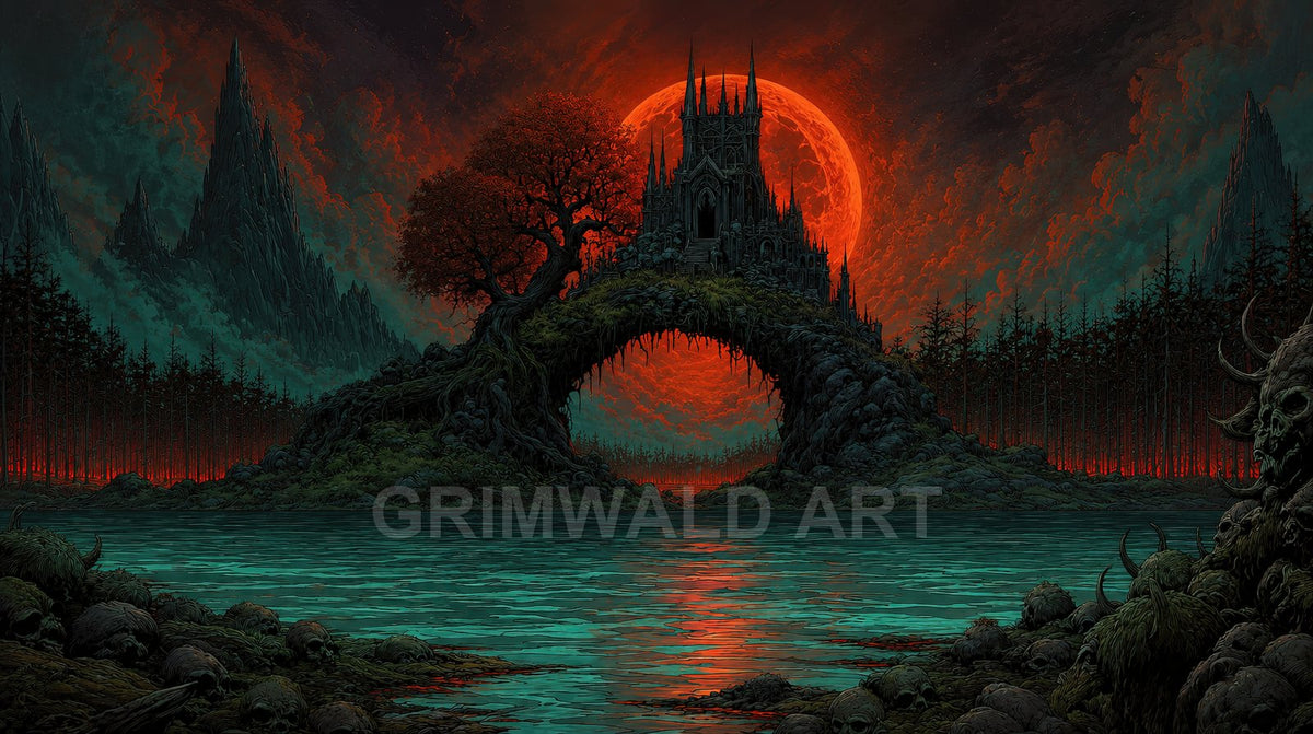 Gothic castle atop a rocky arch island under a vast red moon, dead forest and jagged mountains surrounding a teal-lit lake with scattered skulls.