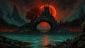 GRID THUMBNAIL — Gothic castle atop a rocky arch island under a vast red moon, dead forest and jagged mountains surrounding a teal-lit lake with scattered skulls.