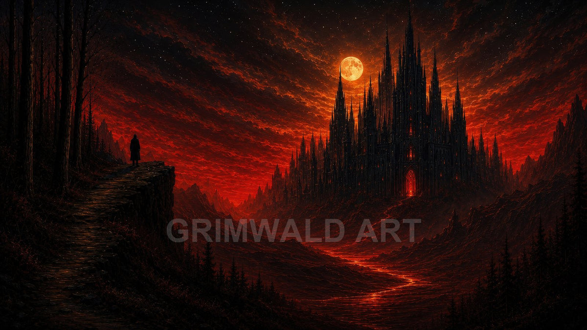 A towering gothic citadel glows above a lava river in a valley beneath a blood moon, as a lone figure stands on a forested cliff.