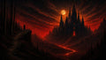 GRID THUMBNAIL — A towering gothic citadel glows above a lava river in a valley beneath a blood moon, as a lone figure stands on a forested cliff.