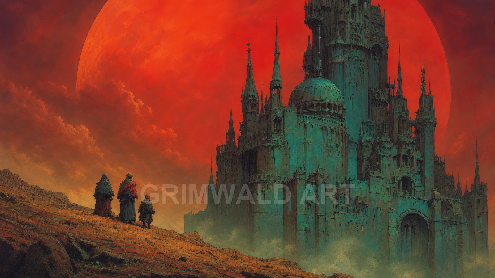 Towering teal-stone gothic castle under an enormous red moon, with three robed travellers crossing a rocky slope amid drifting mist at twilight.