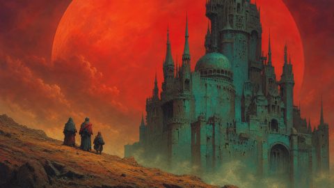 GRID THUMBNAIL — Towering teal-stone gothic castle under an enormous red moon, with three robed travellers crossing a rocky slope amid drifting mist at twilight.