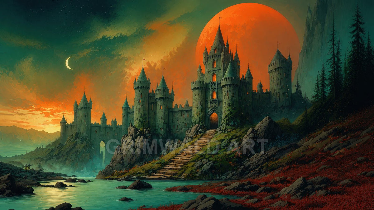 Grand spired castle on rocky cliffs beside a river, under a vast red moon and crescent, twilight sky, glowing windows, pine silhouettes.