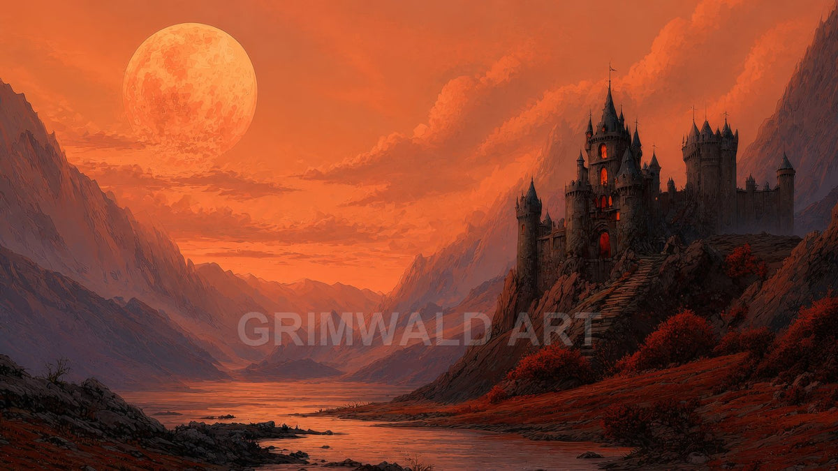 Gothic castle on a rocky hillside beside a river under a vast orange full moon, mountains receding into a dusky, clouded sky.