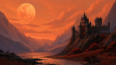 GRID THUMBNAIL — Gothic castle on a rocky hillside beside a river under a vast orange full moon, mountains receding into a dusky, clouded sky.