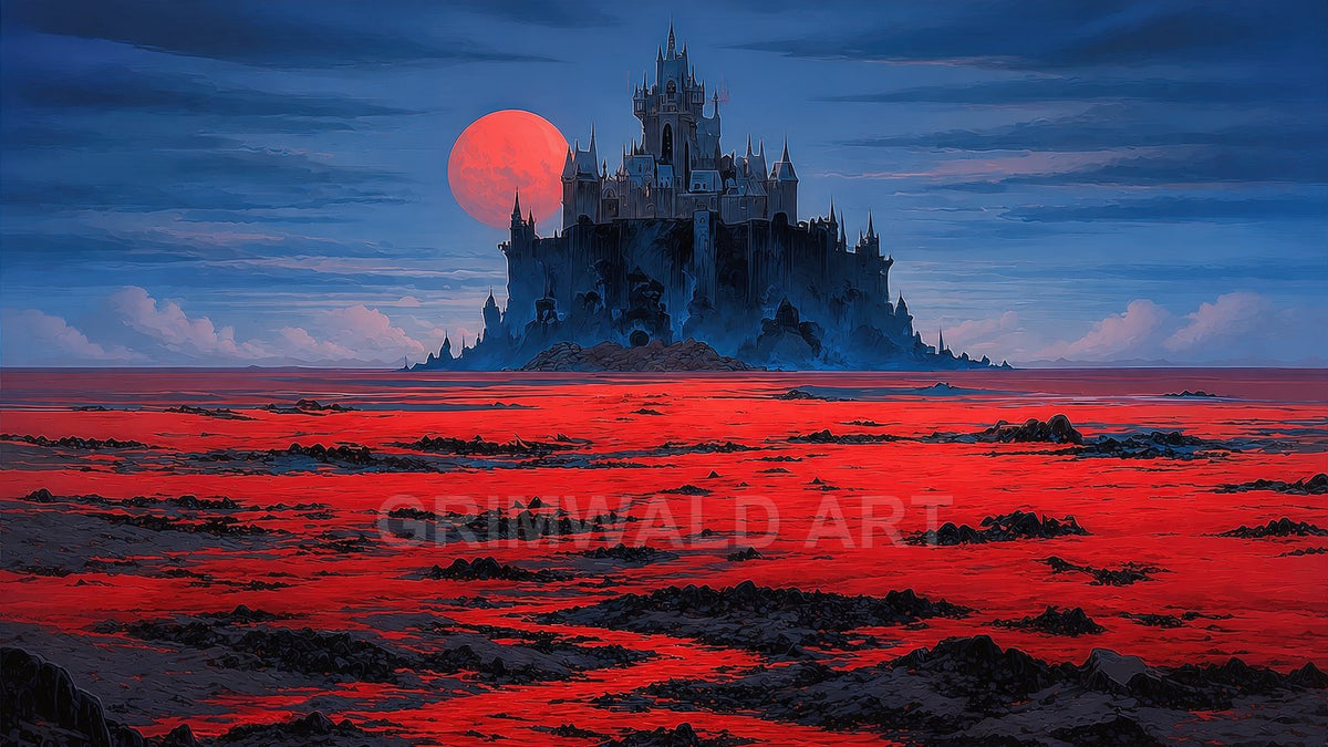 Gothic castle on a rocky island silhouetted against a large red moon, surrounded by a vivid crimson sea under a twilight blue sky.