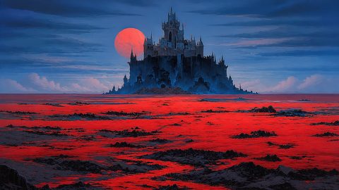 GRID THUMBNAIL — Gothic castle on a rocky island silhouetted against a large red moon, surrounded by a vivid crimson sea under a twilight blue sky.