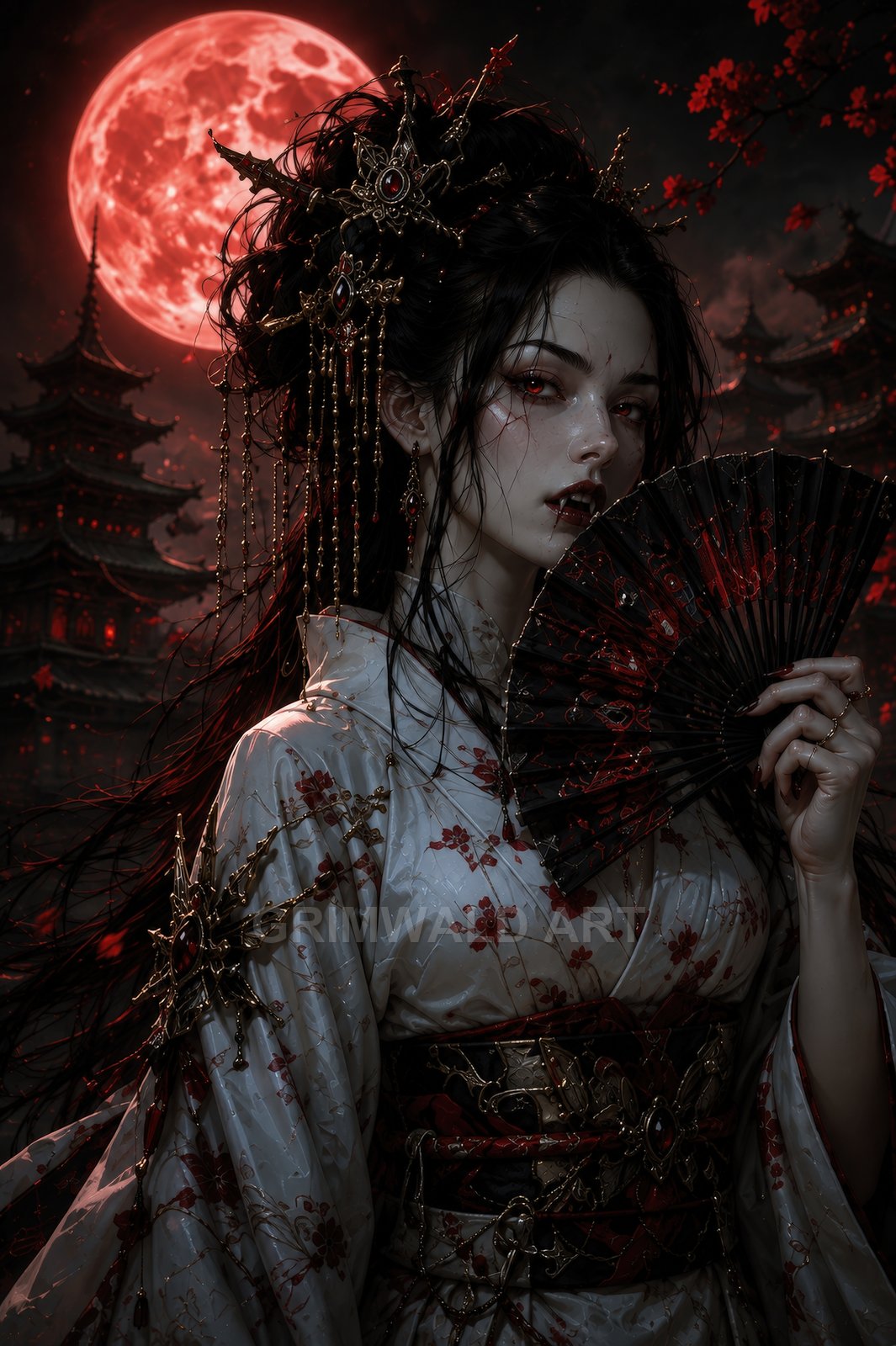 Gothic vampire woman in ornate kimono with fan under a blood-red moon, pagoda temples and red foliage glowing in the night.