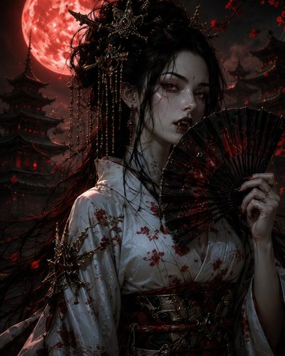 GRID THUMBNAIL — Gothic vampire woman in ornate kimono with fan under a blood-red moon, pagoda temples and red foliage glowing in the night.