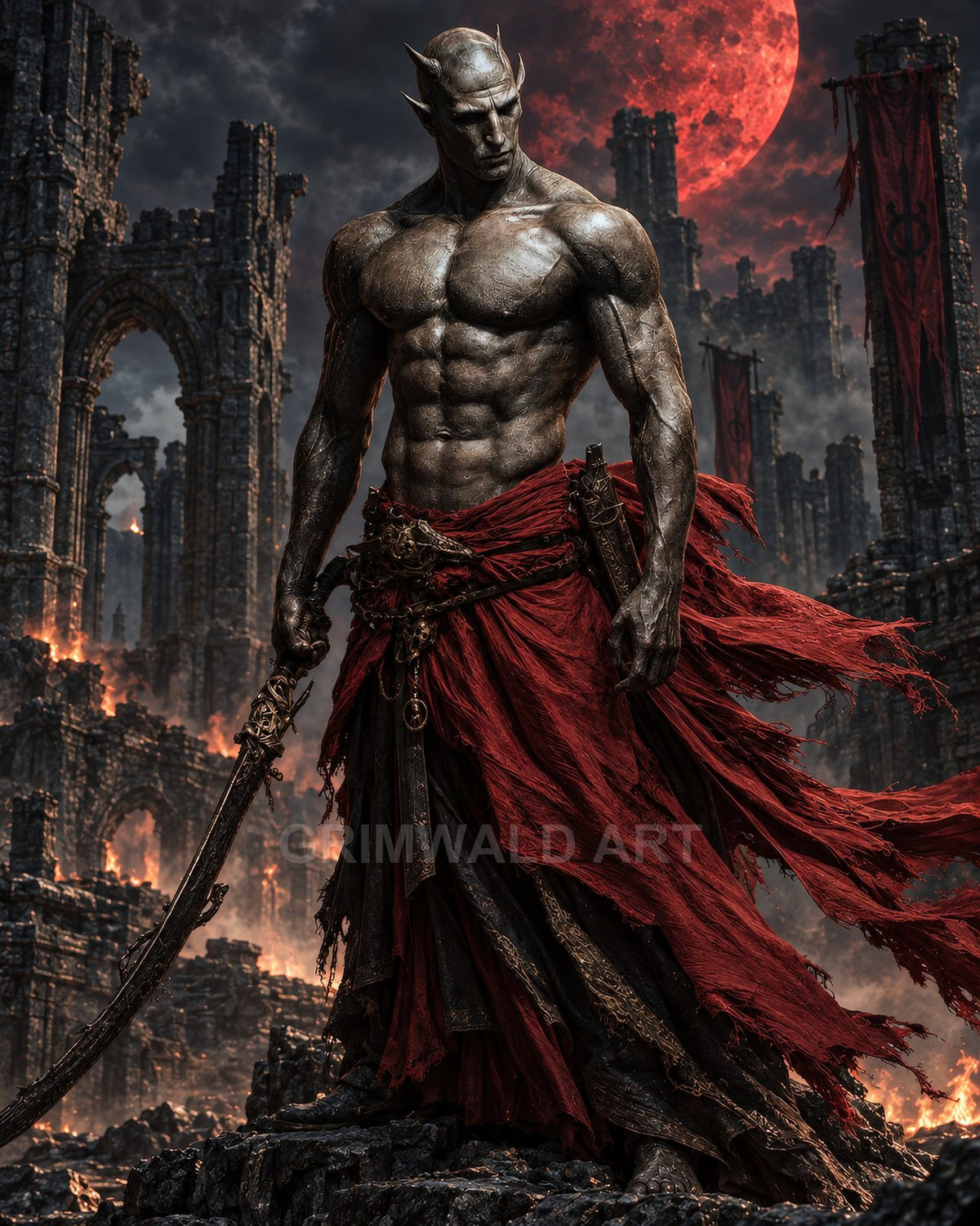 Horned, muscular demon warrior in tattered red robes holding a curved sword, standing amid burning gothic ruins beneath a looming blood-red moon.