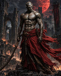GRID THUMBNAIL — Horned, muscular demon warrior in tattered red robes holding a curved sword, standing amid burning gothic ruins beneath a looming blood-red moon.