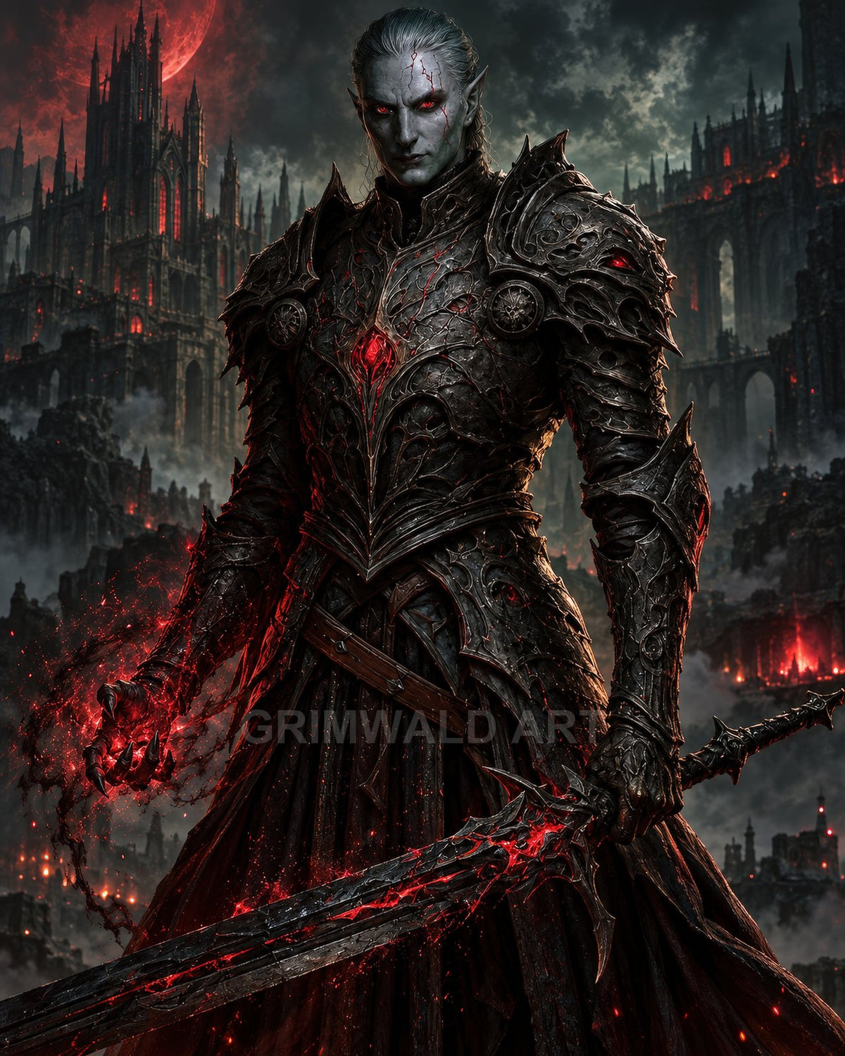 Armoured elf knight with glowing red sword stands before a vast gothic castle under a blood-red moon, embers swirling around his gauntlet.