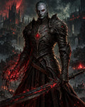 GRID THUMBNAIL — Armoured elf knight with glowing red sword stands before a vast gothic castle under a blood-red moon, embers swirling around his gauntlet.