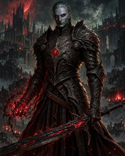 GRID THUMBNAIL — Armoured elf knight with glowing red sword stands before a vast gothic castle under a blood-red moon, embers swirling around his gauntlet.