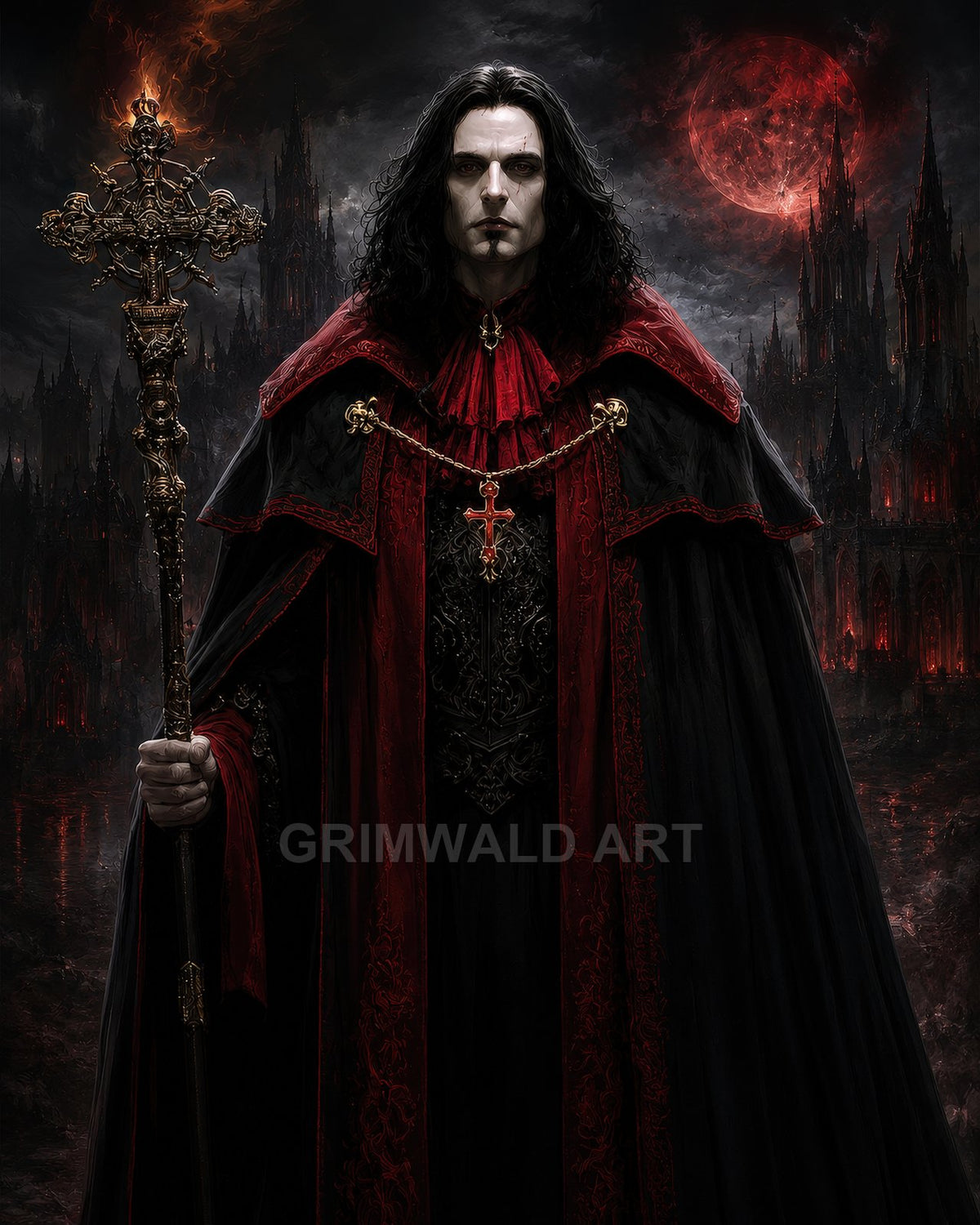 Pale, black-haired priest in red and black robes holds an ornate staff before towering gothic cathedrals beneath a glowing blood-red moon at night.