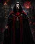 GRID THUMBNAIL — Pale, black-haired priest in red and black robes holds an ornate staff before towering gothic cathedrals beneath a glowing blood-red moon at night.