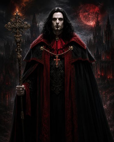 GRID THUMBNAIL — Pale, black-haired priest in red and black robes holds an ornate staff before towering gothic cathedrals beneath a glowing blood-red moon at night.