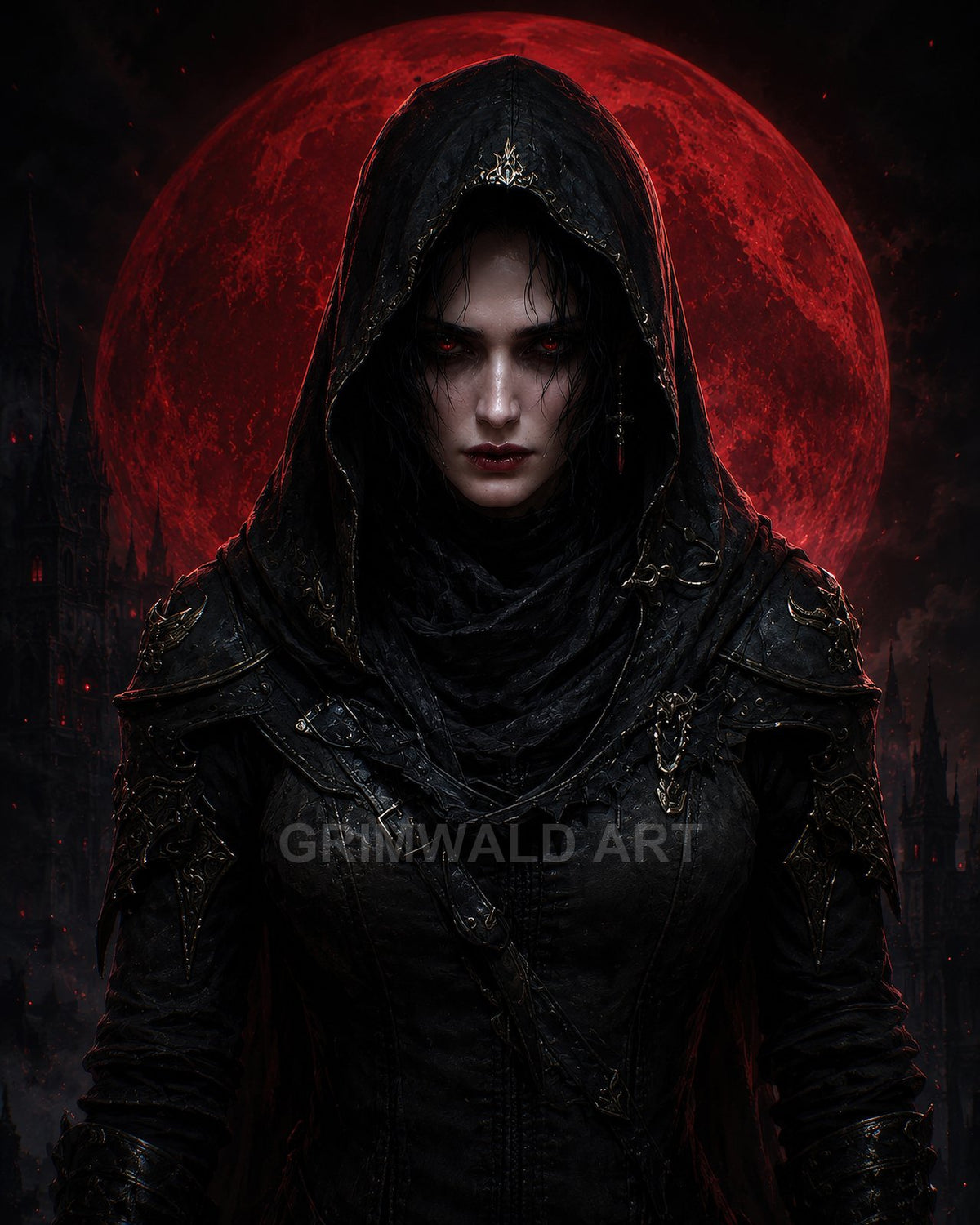Hooded female vampire in ornate black armour stares forward with glowing red eyes, framed by a towering blood-red moon and shadowy gothic spires.