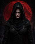 GRID THUMBNAIL — Hooded female vampire in ornate black armour stares forward with glowing red eyes, framed by a towering blood-red moon and shadowy gothic spires.