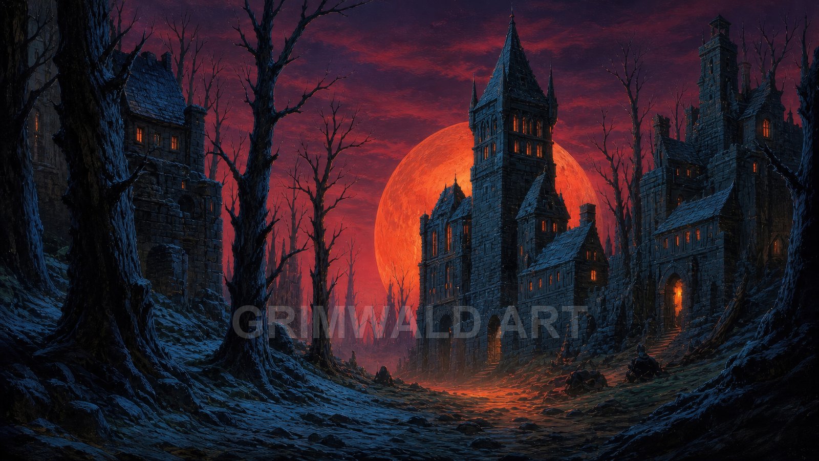 Dark gothic castle among leafless trees beneath a huge red moon, orange-lit windows and gate along a winding rocky path at twilight.
