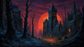 GRID THUMBNAIL — Dark gothic castle among leafless trees beneath a huge red moon, orange-lit windows and gate along a winding rocky path at twilight.