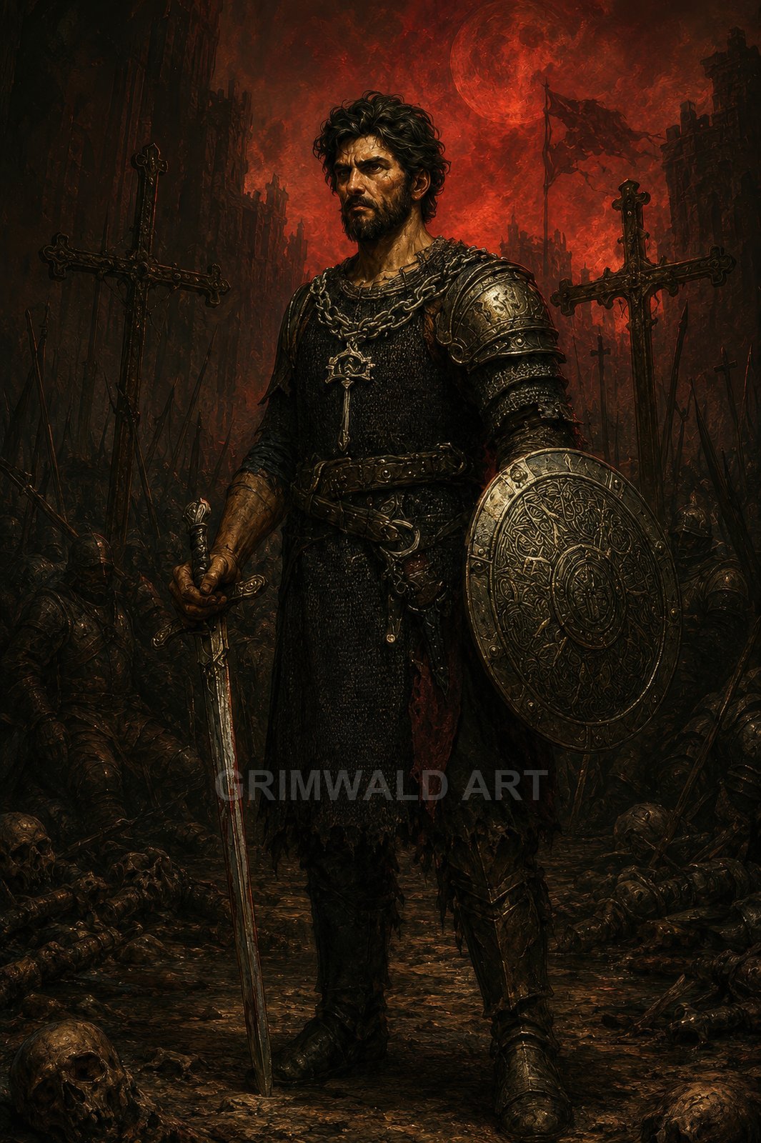 Armoured male knight with sword and ornate round shield stands in a graveyard battlefield under a blood-red moon, surrounded by crosses and skulls.