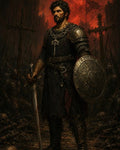 GRID THUMBNAIL — Armoured male knight with sword and ornate round shield stands in a graveyard battlefield under a blood-red moon, surrounded by crosses and skulls.