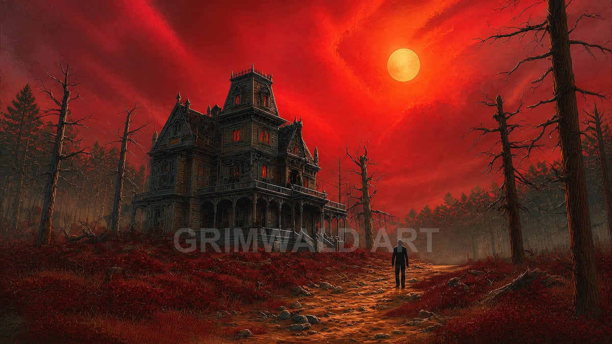Gothic mansion in a dark forest beneath a blood-red sky and full moon, with a lone figure walking along a rocky path.