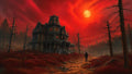 GRID THUMBNAIL — Gothic mansion in a dark forest beneath a blood-red sky and full moon, with a lone figure walking along a rocky path.