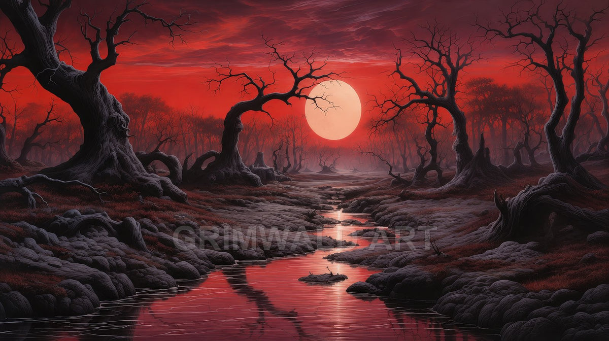 Crimson-lit swamp with twisted dead trees, a winding reflective stream, and a huge pale moon looming through mist beneath roiling clouds.