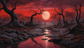 GRID THUMBNAIL — Crimson-lit swamp with twisted dead trees, a winding reflective stream, and a huge pale moon looming through mist beneath roiling clouds.