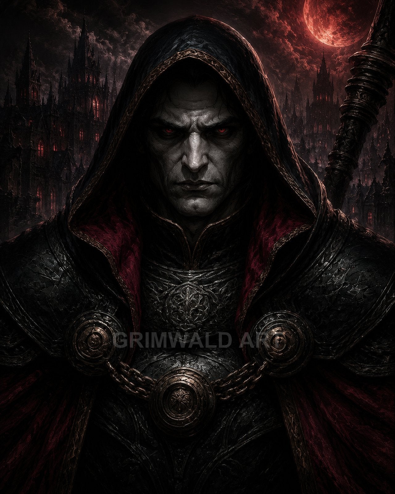 Hooded dark mage in ornate black armour with red-lined cloak, glowing red eyes, gothic spired city and a blood-red moon behind.