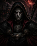 GRID THUMBNAIL — Hooded dark mage in ornate black armour with red-lined cloak, glowing red eyes, gothic spired city and a blood-red moon behind.