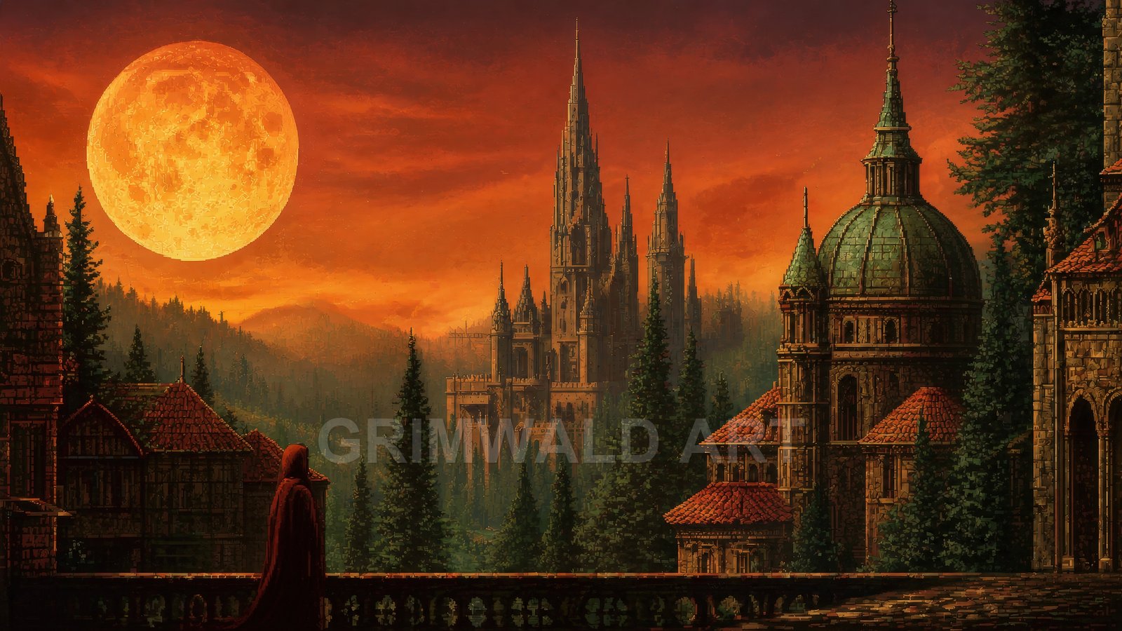 A vast gothic castle rises among dark pine forests beneath a huge orange moon at sunset, viewed from a stone terrace with a cloaked figure.