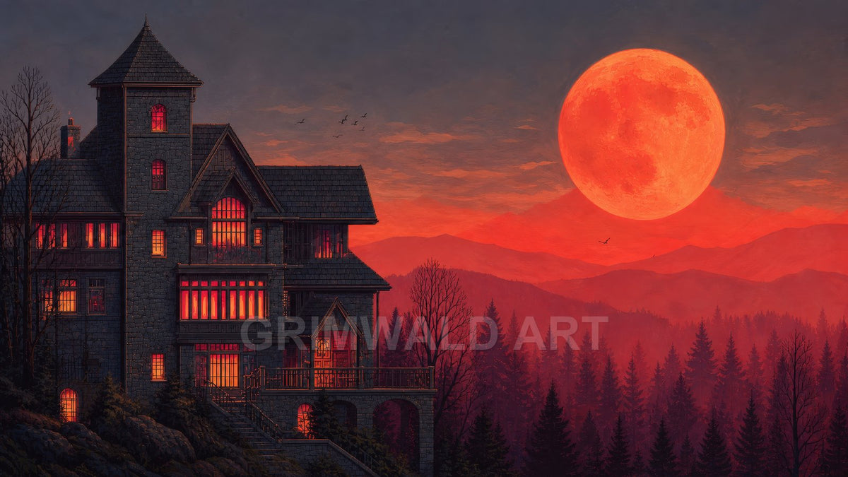 Gothic stone manor overlooking dark pine forest under an enormous red full moon, warm windows glowing at twilight with distant hills and birds.