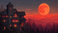 GRID THUMBNAIL — Gothic stone manor overlooking dark pine forest under an enormous red full moon, warm windows glowing at twilight with distant hills and birds.