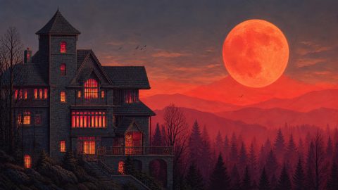 GRID THUMBNAIL — Gothic stone manor overlooking dark pine forest under an enormous red full moon, warm windows glowing at twilight with distant hills and birds.