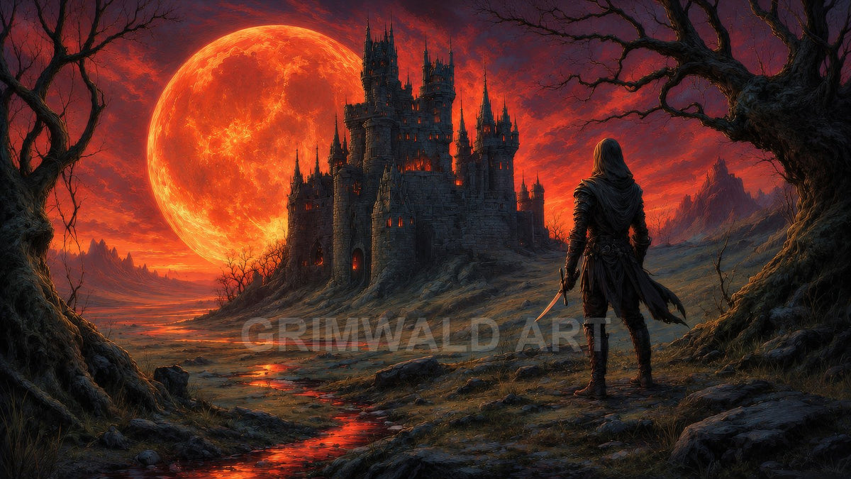 A hooded figure watches a dark gothic castle beneath a colossal blood-red moon, with twisted trees and glowing crimson streams across a barren valley.